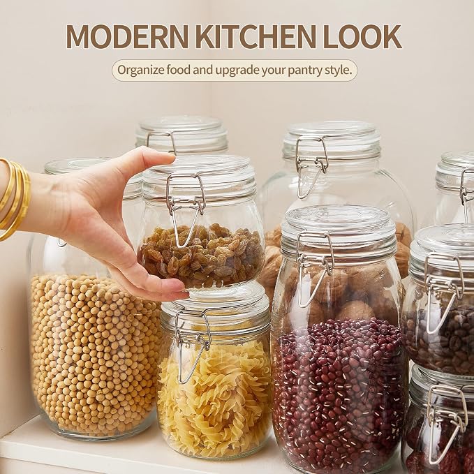ODBCYWM 17oz Glass Food Storage Jars with Airtight Lids, Set of 6 – Clear Preserving Seal Wire Clip Fastening Canisters for Kitchen Canning, Flour, Cereal, Pasta, Sugar, Beans, Pickling Jars (17oz*6)