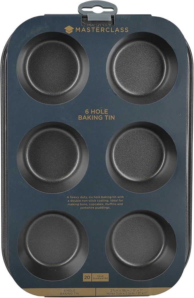 MasterClass KCMCHB6 6 Hole Muffin Tray with PFOA Non Stick, Robust 1mm Carbon Steel, 27 x 18cm Cupcake Tin, Grey