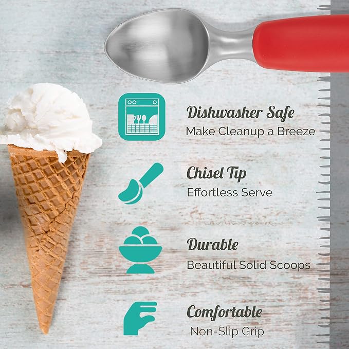 Rockland Guard Ice Cream Scoop with Chisel-Shaped Tip, Non-Slip Easy to Grip Handle, Solid Stainless Steel for Hard or Soft Ice Cream - Dishwasher Safe. (Red)