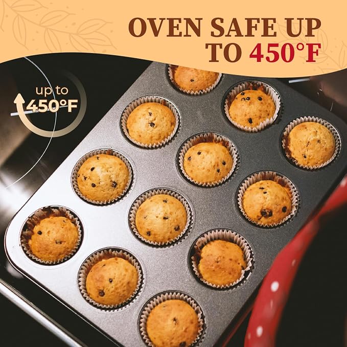 CARTMAN 12-Cup Muffin Pan & 200 Liners, Nonstick Carbon Steel Cupcake Tin | Includes 200 liners, durable carbon steel, nonstick release, for cupcakes, muffins, egg bites, brownies, oven safe 450°F