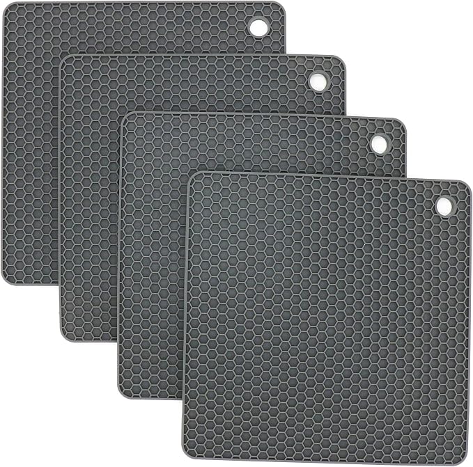 Silicone Trivets for Hot Dishes, Pots and Pans, Hot Pads for Kitchen, Dark Grey Silicone Pot Holders Mats for Kitchen Quartz Counter Heat Resistant Mat, Flexible Trivet Mat Set 4