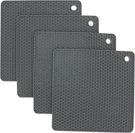 Silicone Trivets for Hot Dishes, Pots and Pans, Hot Pads for Kitchen, Dark Grey Silicone Pot Holders Mats for Kitchen Quartz Counter Heat Resistant Mat, Flexible Trivet Mat Set 4