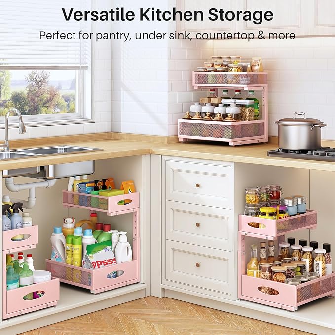 Under Sink Organizer, 2 Pack 2 Tier Pull Out Under Cabinet Organizer Shelf with Pad for Framed Cabinets, Metal Slide Out Under Sink Storage, Mesh Sliding Drawers for Kitchen Bathroom Laundry, Pink