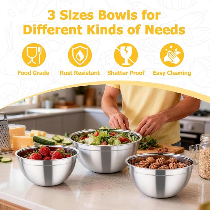 TeamFar Mixing Bowls, 4.5/3/1.5 QT Stainless Steel Nesting Salad Bowls with Airtight Lids, For Serving/Mixing/Storing/Prepping, Non-Toxic & Sturdy, Visible & Easy Clean, Multi-Color, Set of 3