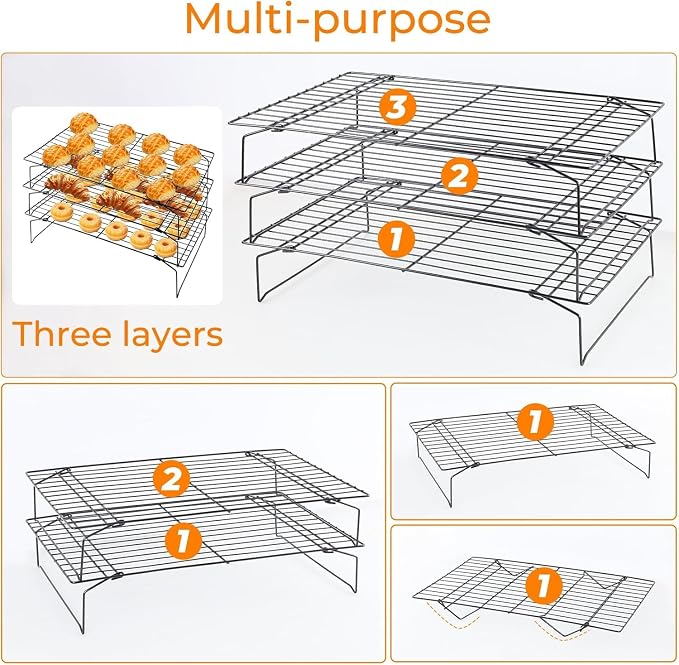 Collapsible Cooling Rack, Stainless Steel Rack for Cookie Baking (3-TIER) | Wire Cooling Rack for Baking, Cookies, Cake, Fruit, Bread,Roasting, Grilling, Drying Rack, Dishwasher Safe