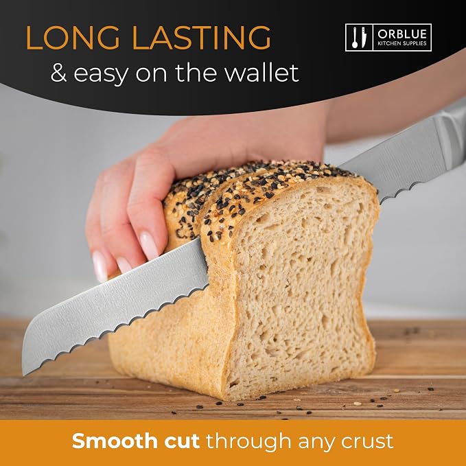 Orblue Serrated Bread Knife with 10-inch Upgraded Stainless Steel Razor Sharp Wavy Edge Width - Bread Cutter Ideal for Slicing Homemade Bagels and Cake (Lake Blue)