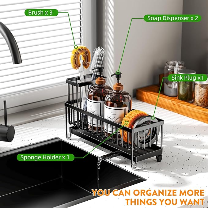 Cisily Sponge Holder for Kitchen Sink, Sink Caddy Organizer with High Brush Holder, Kitchen Countertop Organizers and Storage Essentials, Rustproof 304 Stainless Steel (Large Black, 10.62″)