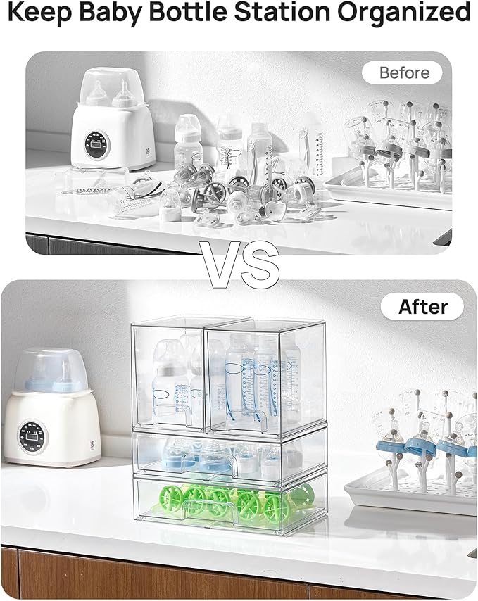 Vtopmart Clear Stackable Storage Drawers Set of 8, Plastic Organizer Bins | Multi-purpose Boxes for Baby Bottle Storage, Ideal for Kichen, Vanity, Bathroom, Undersink, Cabinet, Pantry Organization