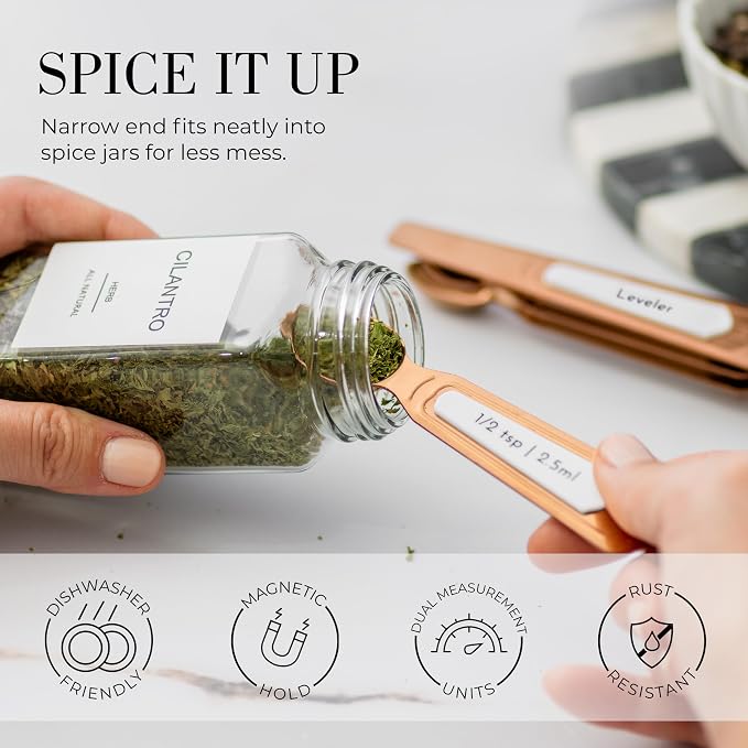 Copper Measuring Spoons Set with Leveler – 8-Piece Double-Sided Nesting Magnetic Measuring Spoons, Stackable & Spice Jar Friendly – Stylish Copper Kitchen Accessories and Decor for Baking and Cooking