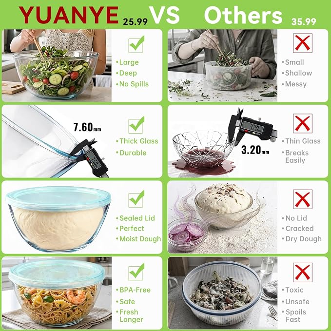 YUANYE 4 Pack Glass Mixing Bowls with Lids Set (3QT/1.7/0.9/0.6QT),Thick Glass Large Salad Bowl Set, Nesting Kitchen Bowls for Serving, Prepping, Cooking and Baking, Dishwasher, Oven,Microwave Safe