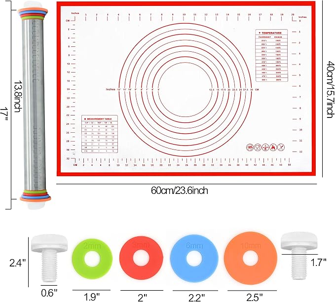 1Pcs Rolling Pin And Silicone Baking Pastry Mat Set, Stainless Steel Dough Roller, with Adjustable Thickness Rings Nonstick Mat, for Dough, Pizza, Pastries, Pasta, Cookies