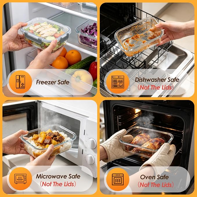 5 Pack 36oz Glass Storage Containers with Lids, Grey | Glass Meal Prep Food Container Sets, Snap Airtight Lid, For Microwave, Oven, Freezer and Dishwasher, BPA Free