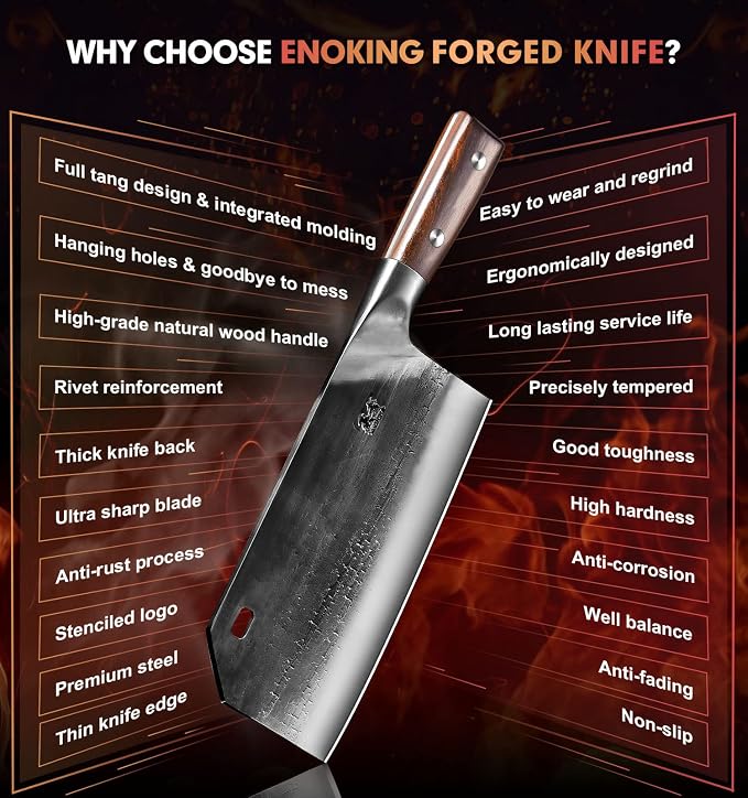 ENOKING 8.1″ Hand Forged Serbian Cleaver & Chef’s Knife – High Carbon Stainless Steel Butcher Knife with Full Tang for Kitchen & Outdoor