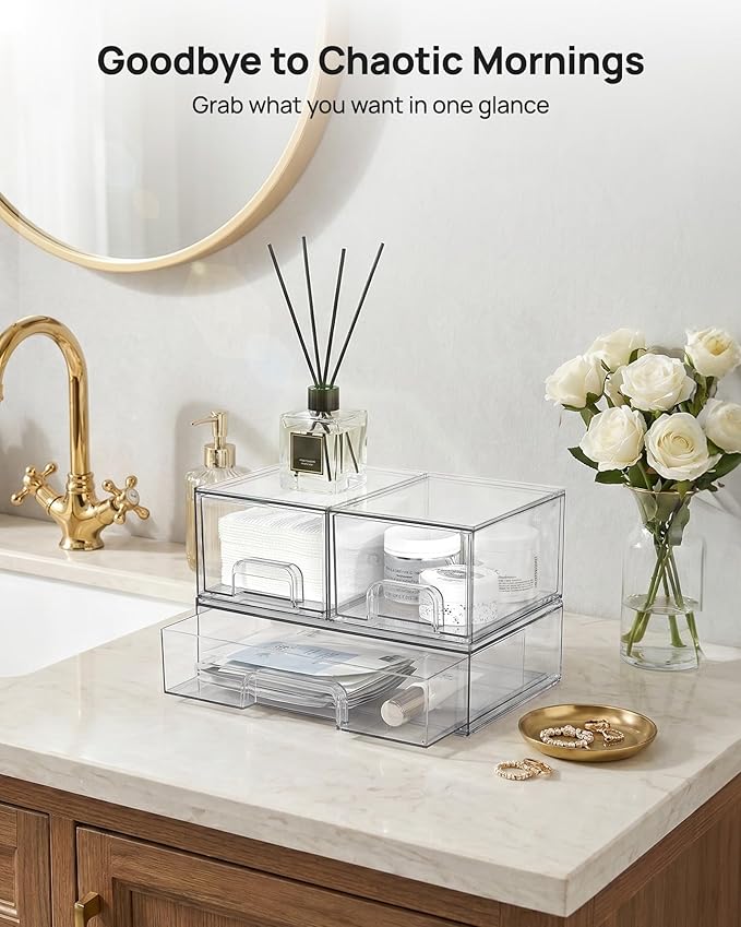 Vtopmart Clear Stackable Storage Drawers Set of 4, Plastic Organizer Bins | Multi-purpose Boxes for Bathroom Accessories, Beauty Supplies, Ideal for Cabinet, Shelf, Pantry, Laundry Room Organization