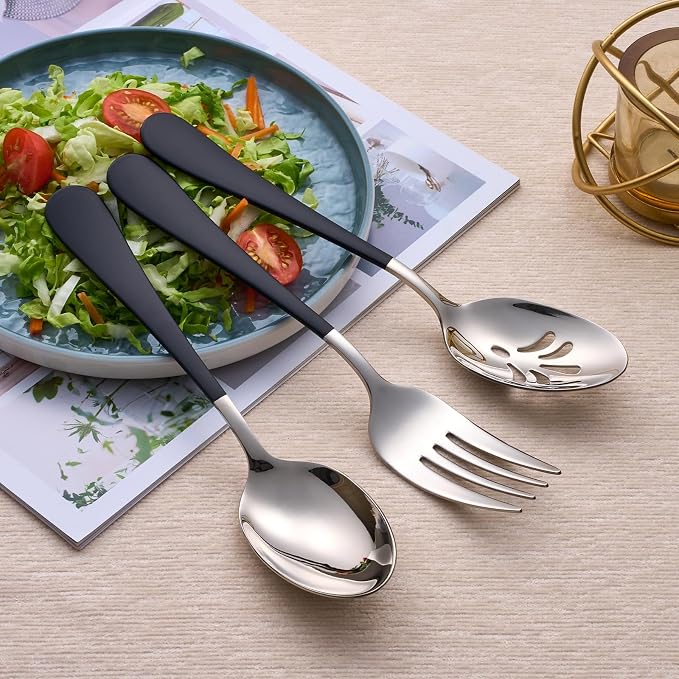 10 Pieces Black Serving Set, 18/0 Stainless Steel Hostess Set, Slotted Serving Spoon, Salad Serving Spoon/Fork, Butter Knife, Two Color Combinations, Dishwasher Safe