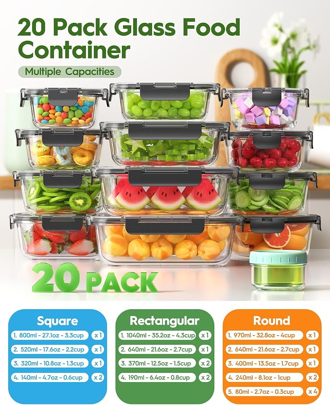 Canfanni 40 Piece Glass Food Storage Containers with Airtight Lids | Borosilicate, BPA-Free, Stackable, Leak-Proof, Meal Prep, Microwave, Dishwasher, Freezer Safe (20 lids & 20 Containers)