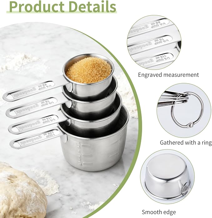 -BINGBING- Measuring Cups of 4, Stainless Steel Measuring Cups, Stackable | Stainless Steel Cups with Metal Handle for Dry and Liquid Ingredients, Ideal for Cooking & Baking