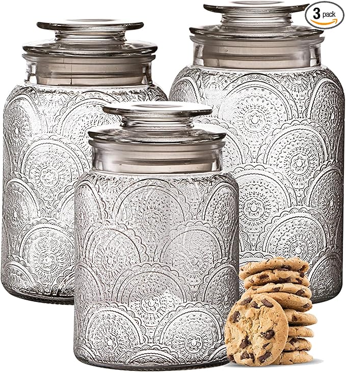 Le'raze Food Storage Containers with Airtight Lids - Retro Design - Pantry Organization, Glass Canisters Storage for Cookies, Tea, Sugar, Candy Jars, Sugar Packet, Set of 3