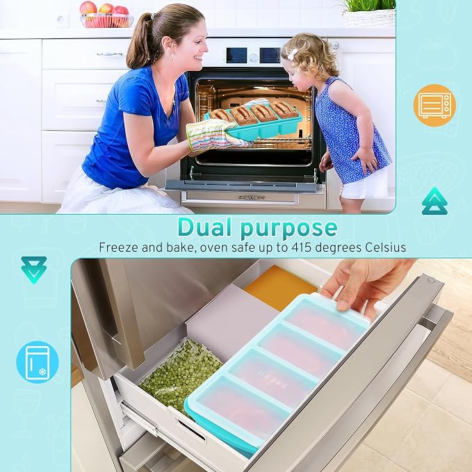 Silicone Freezer Tray with Lid, 1-Cup, 2-Pack (Aqua) | BPA-free, leakproof lid, easy-release, stackable, dishwasher-safe. Great for soups, sauces, leftovers, meal prep, baby food.
