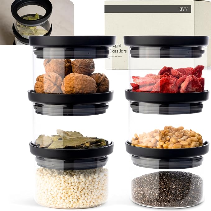 KIVY Glass spice jars transparent Glass Lid [6x 12oz] Stackable & Airtight small glass jars - Spice containers - Seasoning jars tea - Spice storage containers - Spice jars with black lids & labels