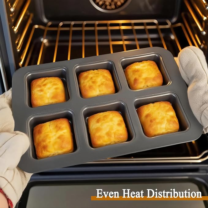 6 Cup Square English Muffin Pan with Lid Straight Side Hamburger Burger Bun Egg Sandwich Frittata Cinnamon Roll Focaccia Quiche Pancake Nonstick Baking Tin Tray Mold