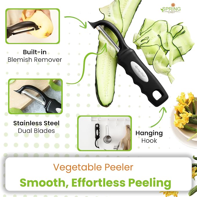 Spring Chef Stainless Steel Premium Vegetable Peeler with Potato Masher, Soft Grip Handle Metal Food Peeler and Masher for Fruit & Vegetables