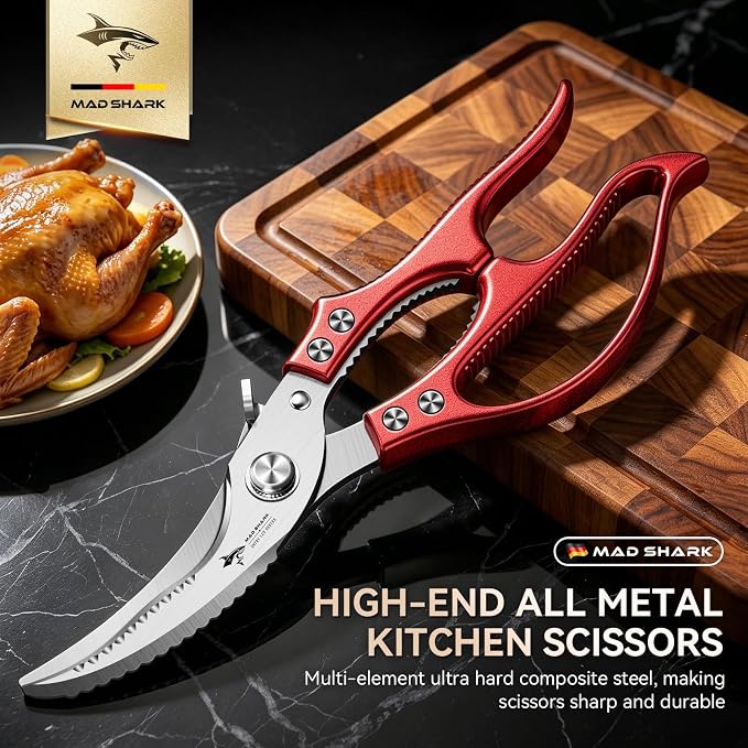 Professional Heavy Duty Poultry Shears - Kitchen Shears for Spatchcocking Chicken and Meat Cutting, Multi-Purpose Kitchen Scissors for Food, Spring-loaded (Red)