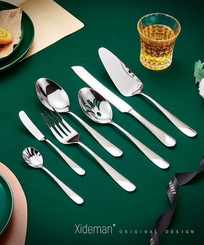 Xideman® 7-Piece Hammered 18/10 Stainless Steel Silverware Serving Utensil Set - Hostess Flatware with Cake Knife & Cake Server (Silver)