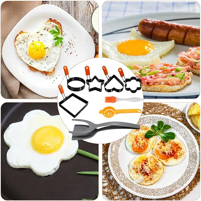 8 Pcs Nonstick Stainless Steel Egg Rings,Multi-Shape Egg Cooking Molds with Silicone Handle,Oil Brush & Egg Separator,Kitchen Griddle Accessories for Frying Eggs,Omelets,Pancakes,Muffins
