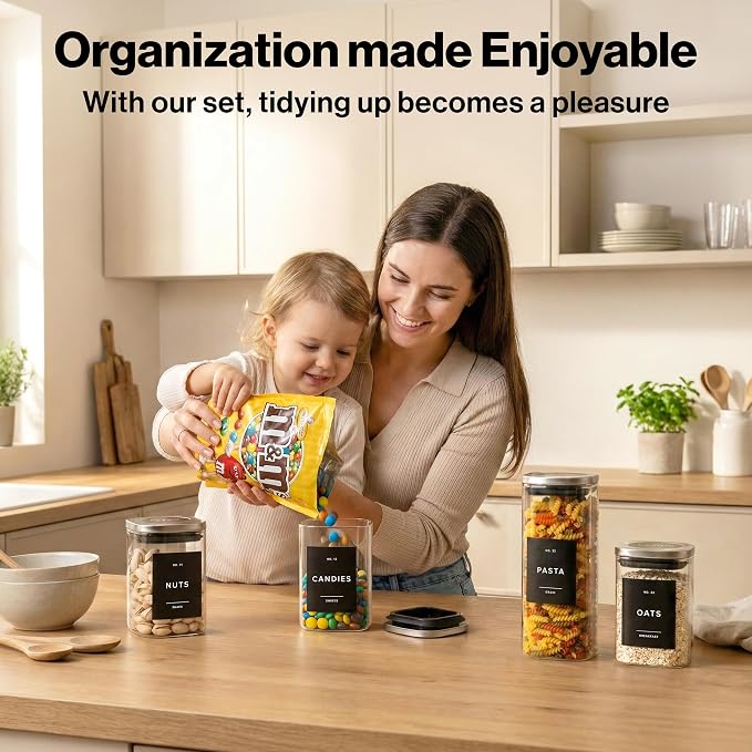 Glass Pantry Storage Jars Containers with Stainless Steel Lids and Labels | 12 Pack Extra Thick Square Glass Canisters with Stainless Steel Lids and Pantry Labels keeps Goods Fresh & Organized
