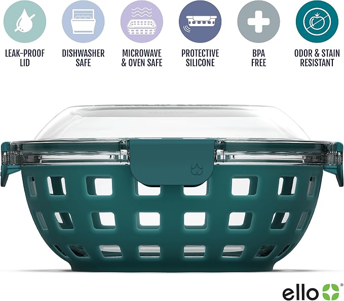 Ello DuraGlass Food Storage Glass Lunch Bowl Container - Meal Prep Container with Silicone Sleeve and Airtight Lid, 5 Cup, Teal | Leakproof glass meal prep salad bowl. BPA-free lid, silicone sleeves, great for meal prepping, food storage, and leftovers.