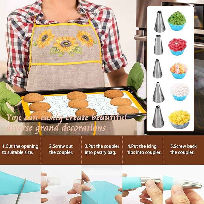 Macaron Baking Kit Silicone Mat(22 Pcs Set), Macaron Baking Supplies, Baking Set of 2 Half Sheet Macaron Silicone Mats (16.5"x11.5"), 14 Piping Tip, 2 Piping Bag,2 Bag Tie, 2 Coupler