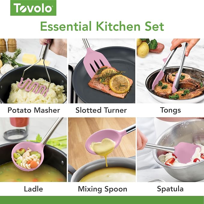 Tovolo Silicone Cooking Utensil Set of 6 Pink Sorbet Ladle Slotted Turner Tongs Flex Core Spatula Scraper Mixing Spoon and Potato Masher, Dishwasher Safe BPA Free Silicone Kitchen Utensils