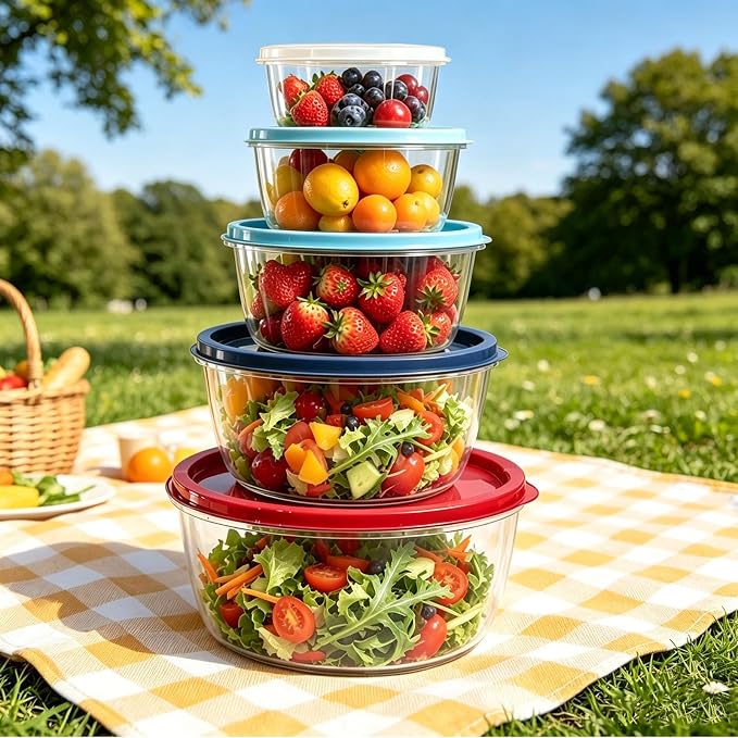 5-Piece Plastic Mixing Bowl Set with Lids for Kitchen, Nesting Kitchen Bowl Set for Mixing Baking, Prepping, Cooking & Food Storage Microwave Safe (Red)