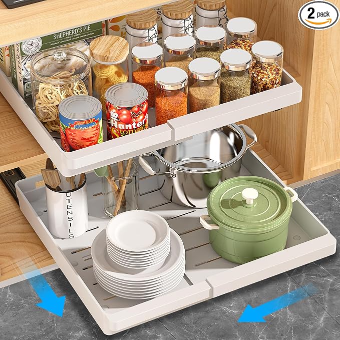 DOMNIU Pull Out Cabinet Organizers Expandable,White,20.8"Depth,2 Pack | Slide Out Drawers for Kitchen, Bathroom, Pantry, Under Sink Storage, Fixed with Adhesive Nano Film (13''-19'')