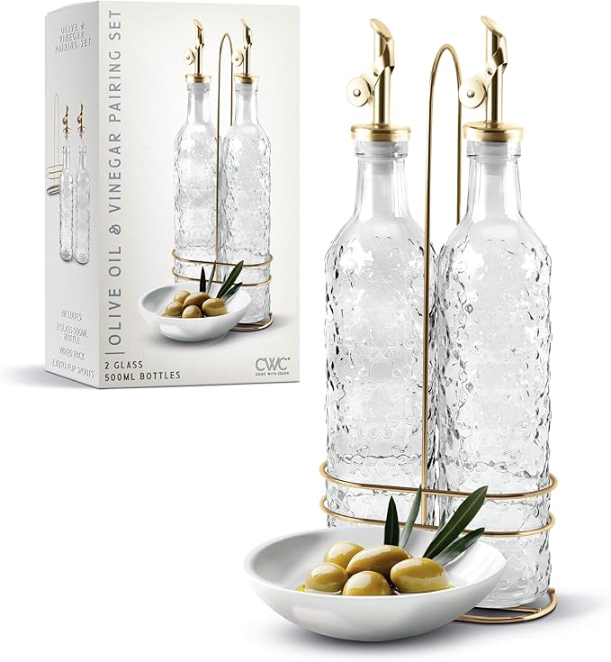 COOK WITH COLOR Glass Olive Oil Bottle Dispenser - 2 Pack- 17oz Oil and Vinegar Cruet - Olive Oil Carafe Decanter for Kitchen, Floral, Clear