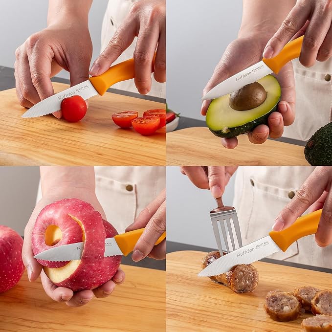 Stainless Steel Paring Knife With Serrated Blade, 6 Pieces Set Vegetable and Fruit Knife, Ultra Sharp Small Kitchen Knife, Orange Paring Knives with PP Plastic Ergonomic Handle.