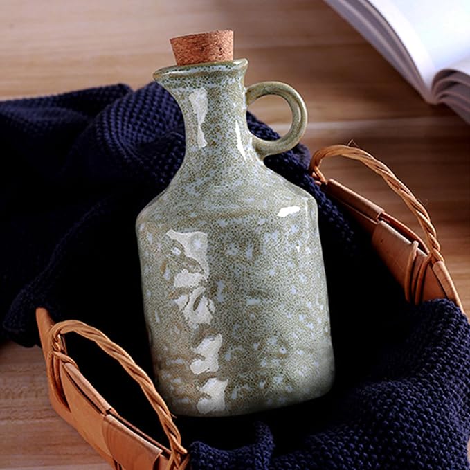 Green Ceramic Olive Oil Dispenser Bottle with Cork Stopper 13.5Oz | Reactive Glaze Texture Oil Bottle, Leak Proof Small Spout,Great for Storing Vinegar, Wine, Soy Sauce, Lemon Juice