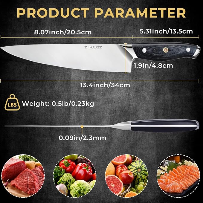 DiiHAUZZ Chef Knife, 8 Inch Ultra Sharp Kitchen Knife, Professional High Carbon Steel Chefs Knife with Full-Tang Ergonomic Handle for Meat Cutting, Vegetable Slicing and Chopping, Gift Box