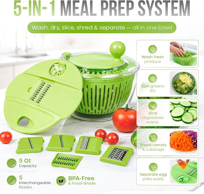 5-in-1 Salad Spinner Large with Lid Vegetable Washer and Dryer Fruit Cleaner Vegetable Chopper & Slicer with 5 Blades, 5 Qt Lettuce Spinner Strainer Shredder Bowl Egg Yolk Separator for Easy Meal Prep