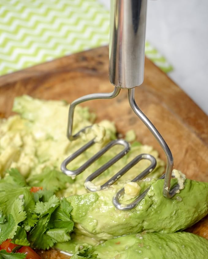 RSVP International Endurance Kitchen Tool Collection Handheld Potato & Avocado Masher, Dishwasher Safe, 7x2.75", Stainless Steel