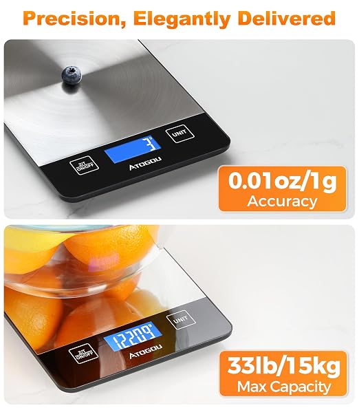Atogou Food Scale - 33lb Digital Kitchen Scale Ounces Grams, Rechargeable & Full-View Display, Water-Resistant, Batteries or USB-C Charging, Stainless Steel, for Cooking, Meal Prep, Package (Black)