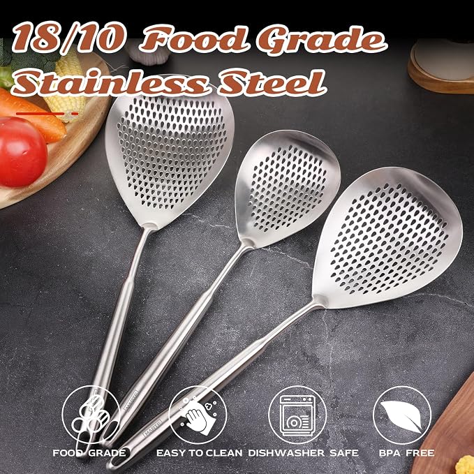 MARTE Skimmer Slotted Spoon Set of 3-304 Stainless Steel Spider Strainer Utensils Ladle Spoon with Handle for Cooking and Frying - Kitchen Pasta Strainer Colander - 14.8In,16.5In,17In