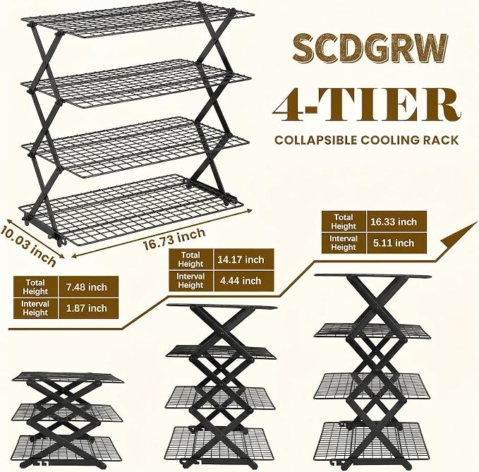 4-Tier Stackable Cooling Rack for Baking, Heavy Duty Stainless Steel Baking Rack, Foldable Space Saving Design, Oven Safe Wire Rack Fits Quarter Sheet & Jelly Roll Pans, Dishwasher Safe