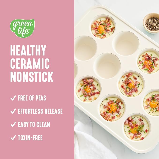 GreenLife 12 Cup Ceramic Nonstick Muffin Pan, Pink