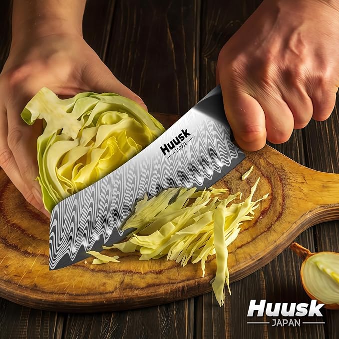 Huusk Japanese Santoku Knife 7" - Professional Chef Knife for Kitchen with Resin Handle, Stainless High Carbon Steel, Hand Sharpened All Purpose Kitchen Cooking Knives with Sheath,Men's Gift
