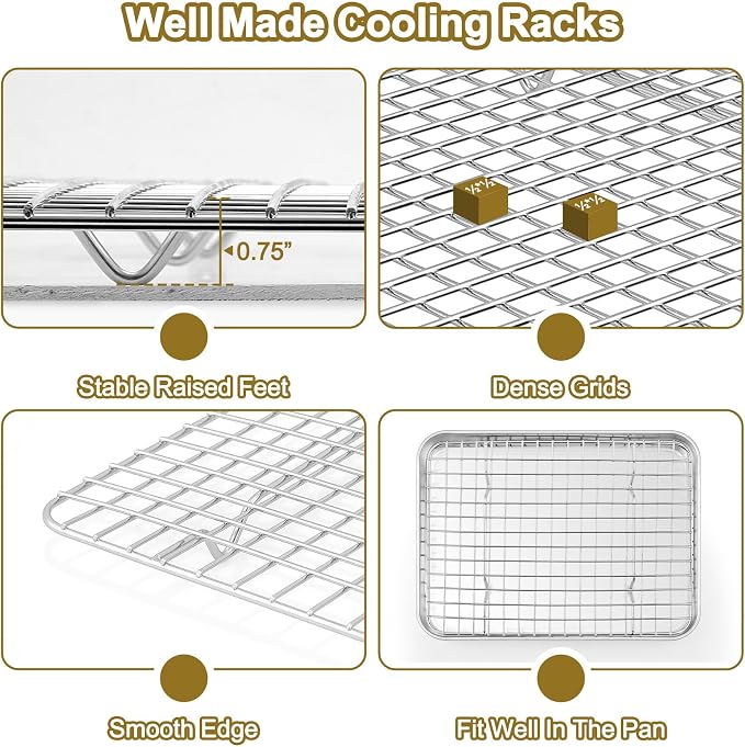 TeamFar Baking Sheet with Rack, Stainless Steel Sheet Pan-16/12.5/9 Inch | Cookie Sheets Baking Trays and Cooling Racks for Cooking, Non-Toxic & Heavy Duty, Dishwasher Safe, 6 PCS (3 Pans + 3 Racks)