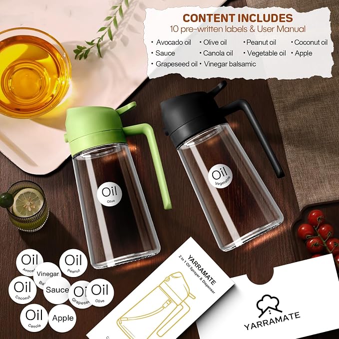 YARRAMATE 16oz/470ml Glass Olive Oil Sprayer for Cooking with Stickers, 2 in 1 Oil Dispenser for Kitchen Gadgets, Food Grade Premium Spray Bottle with Portion Control for Salad, Frying, BBQ (Green) | Food-grade dispenser bottle, 470 ml, spray and pour,...
