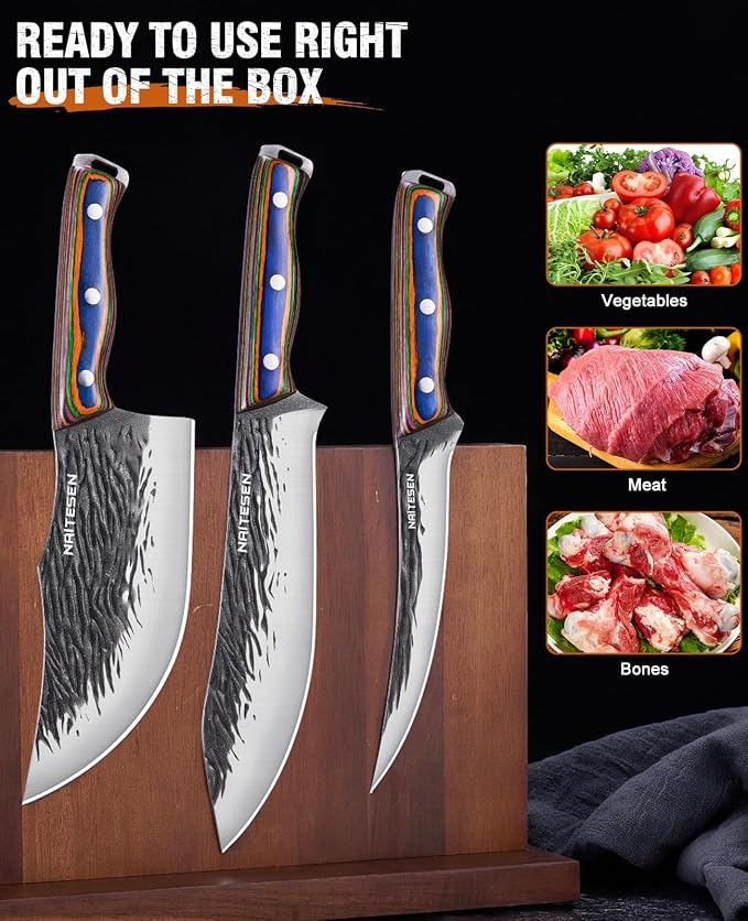 Naitesen 3PCS Hand Forged Butcher Knife Set - Gold-Stamped Gift Box | 15° Razor Sharp 6.5" Serbian Chef Knife, 8.5" Meat Slicer & 6.5" Boning Knife for Meat Cutting Kitchen Cooking BBQ