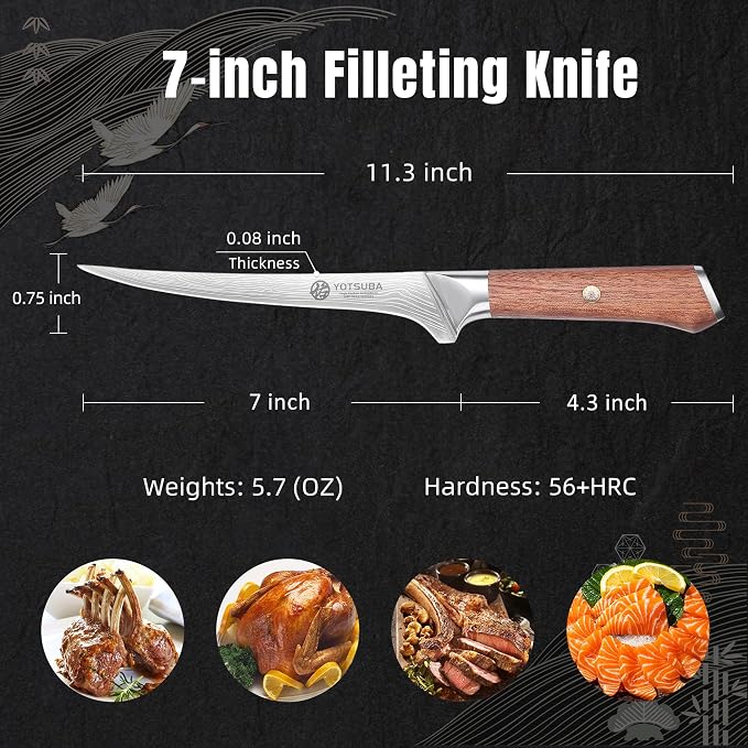 YOTSUBA Japanese Fillet Knife, 7 Inch Fish Knives for Filleting, Razor Sharp High Carbon Steel Boning Knife with Ergonomic Rosewood Handle, Ideal Gift for Family and Friends